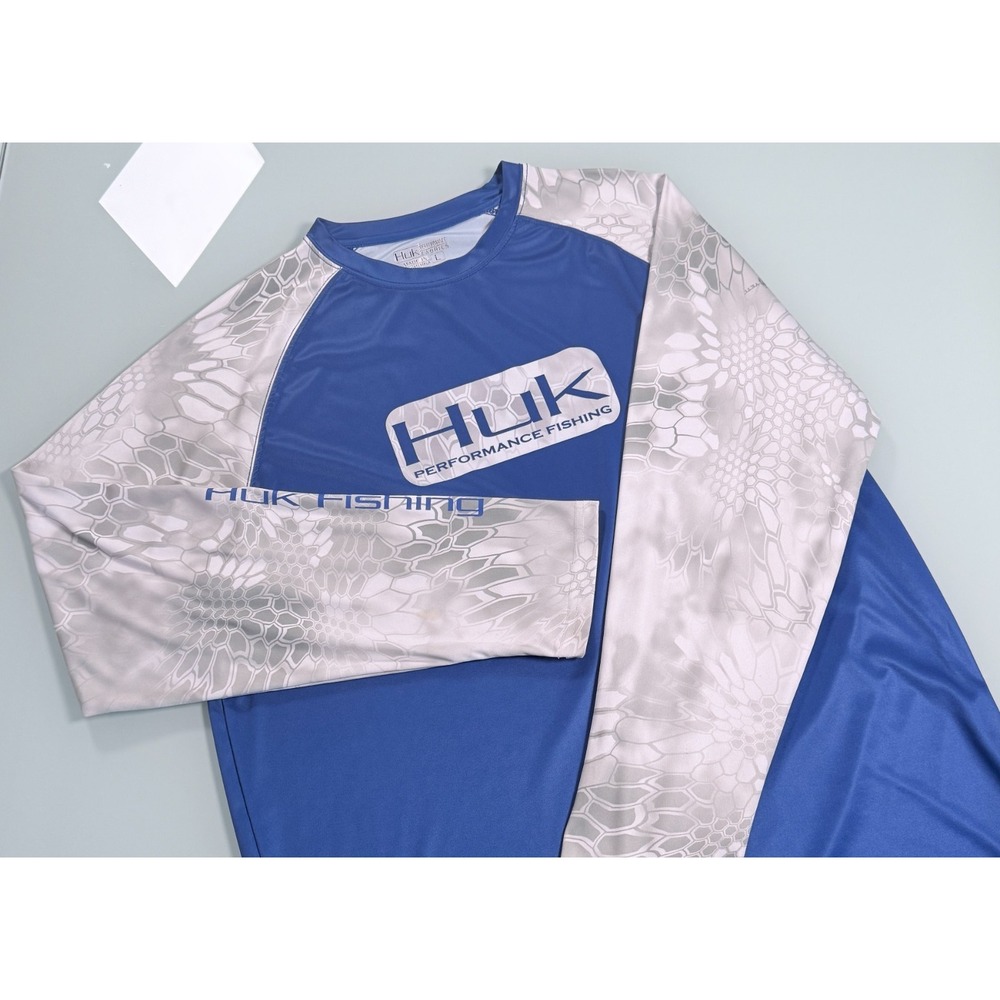 HUK Performance Fishing Shirt Mens L Blue w/ Gray Pattern long sleeve DadCore